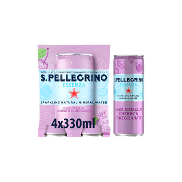 “San Pellegrino Essenza Cherry & Pomegranate 4‑pack of 330 ml cans on white background”